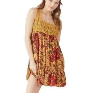 Urban Outfitters Yellow Floral Crochet Flowy Mini Dress Size XS Boho Cottage
